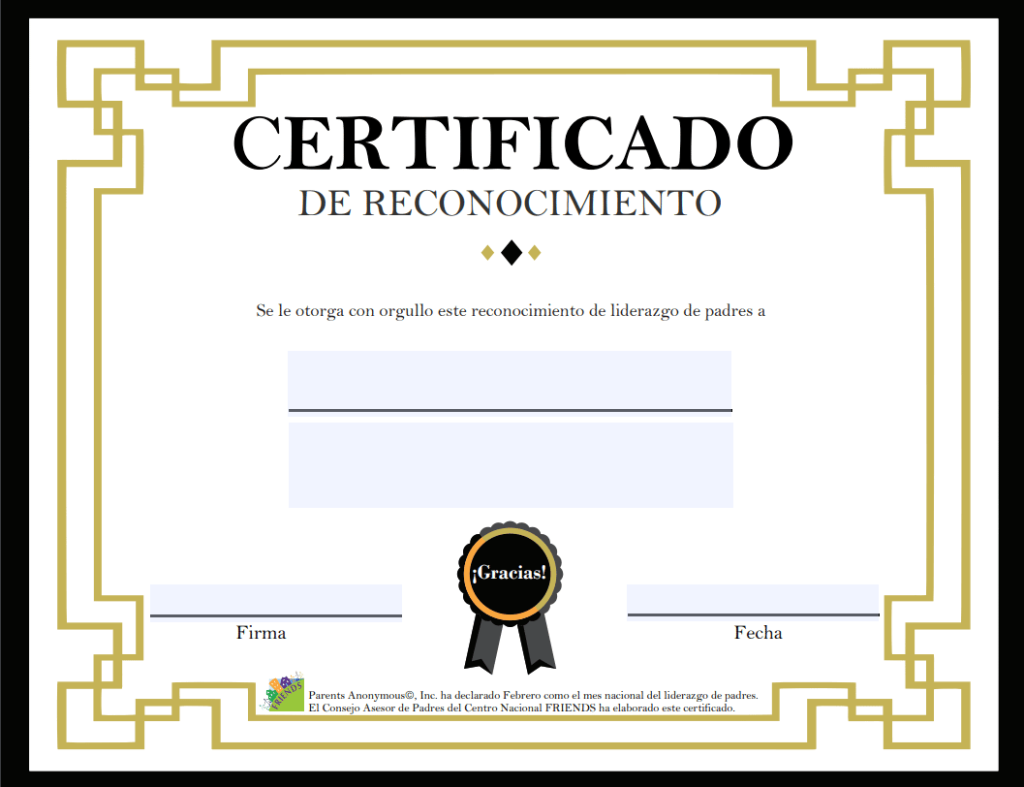 Certificado del Mes Nacional de Liderazgo de los Padres – oro | Friends NRC