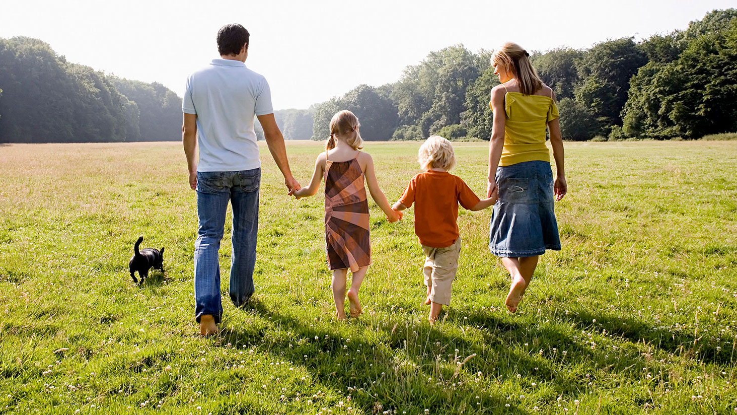 Family holding hands and walking outside